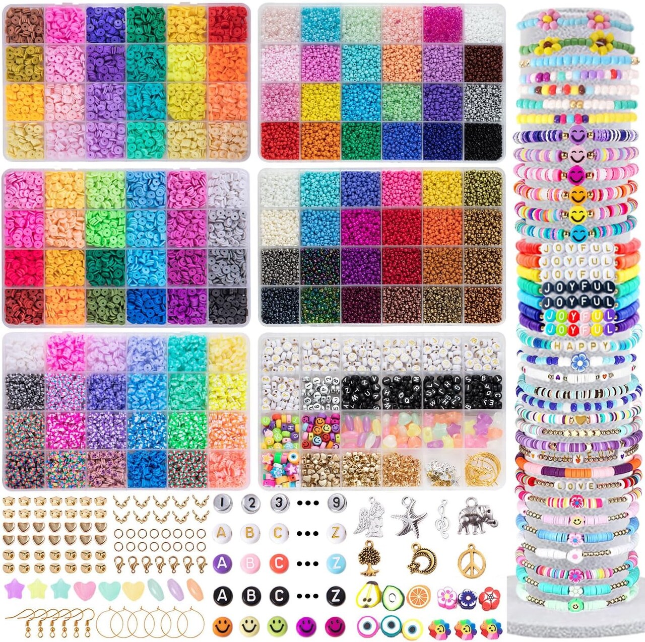 6 Boxes 16800pcs 72 Colors Clay Beads and 48 Colors Glass Seed Beads for Friendship Bracelets Making Kit Heishi Beads with Letters Beads for Girls